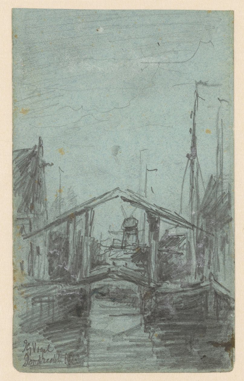 Utsikt over Dordrecht med vindebro av Johannes Gijsbert Vogel
