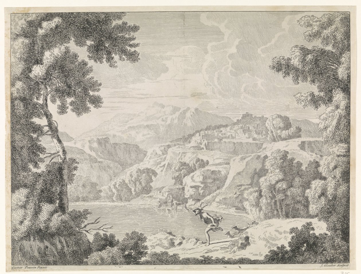 Actaeon blir omgjort til et rådyr av den badende Diana Landskap etter Gaspar Poussin (serietittel) av Johannes Glauber
