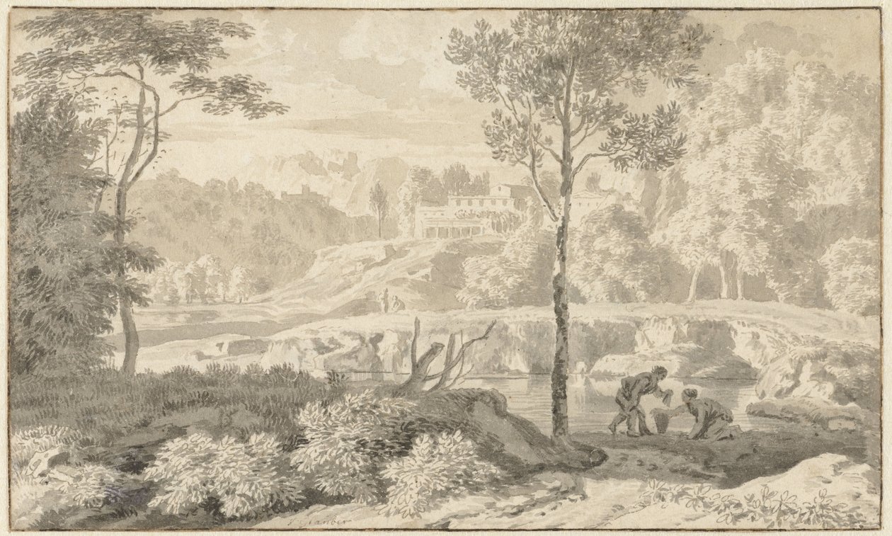 Arkadisk landskap med figurer ved en innsjø av Johannes Glauber