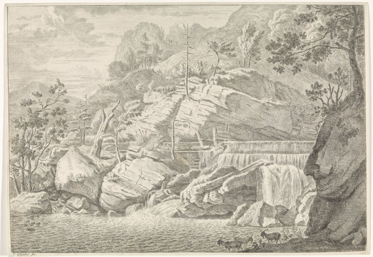 Utsikt over den store fossen Chartreuse Landskap i Chartreuzer-fjellene (serietittel) av Johannes Glauber