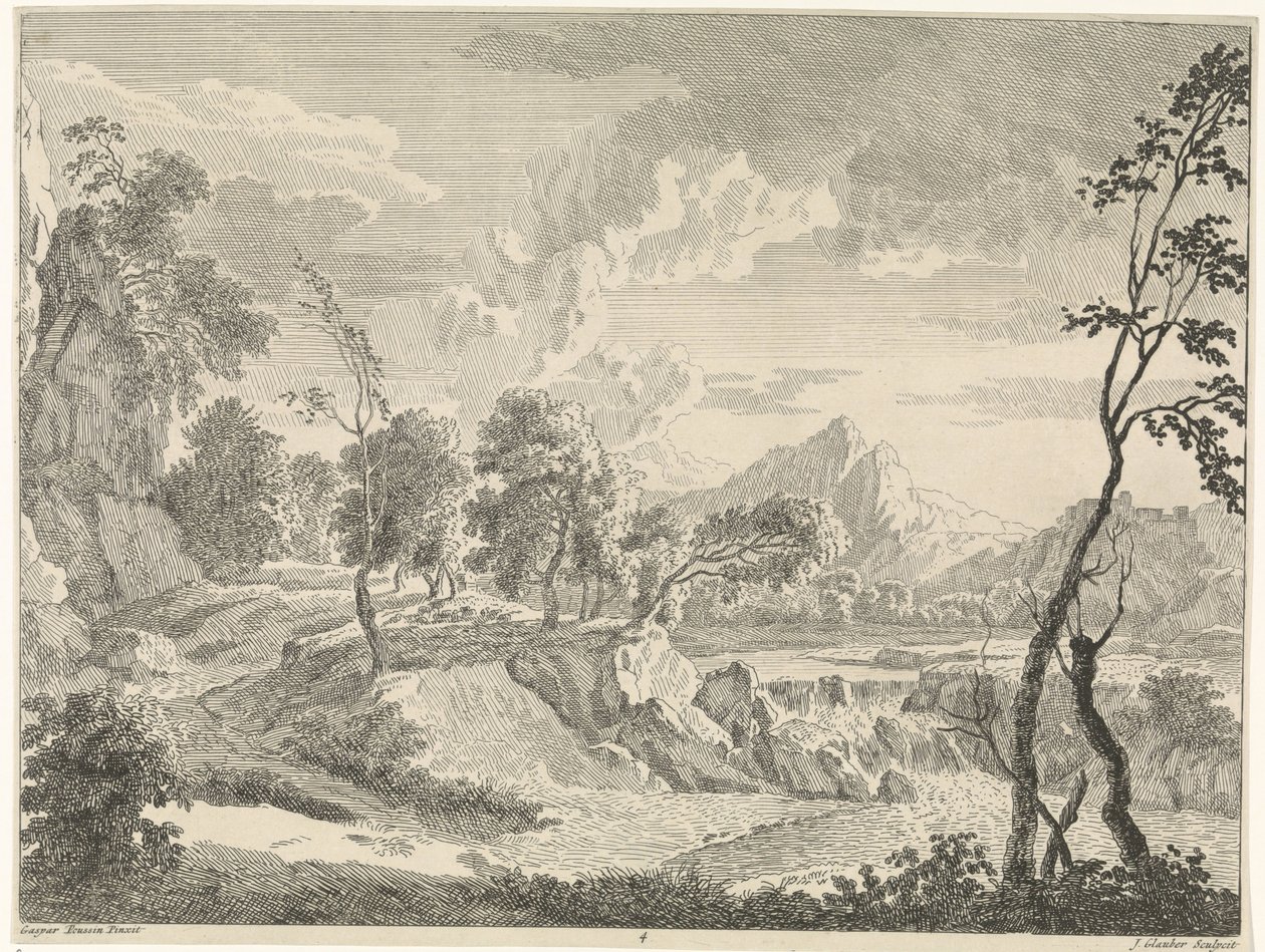 Kupert landskap med foss Landskap etter Gaspar Poussin (serietittel) av Johannes Glauber