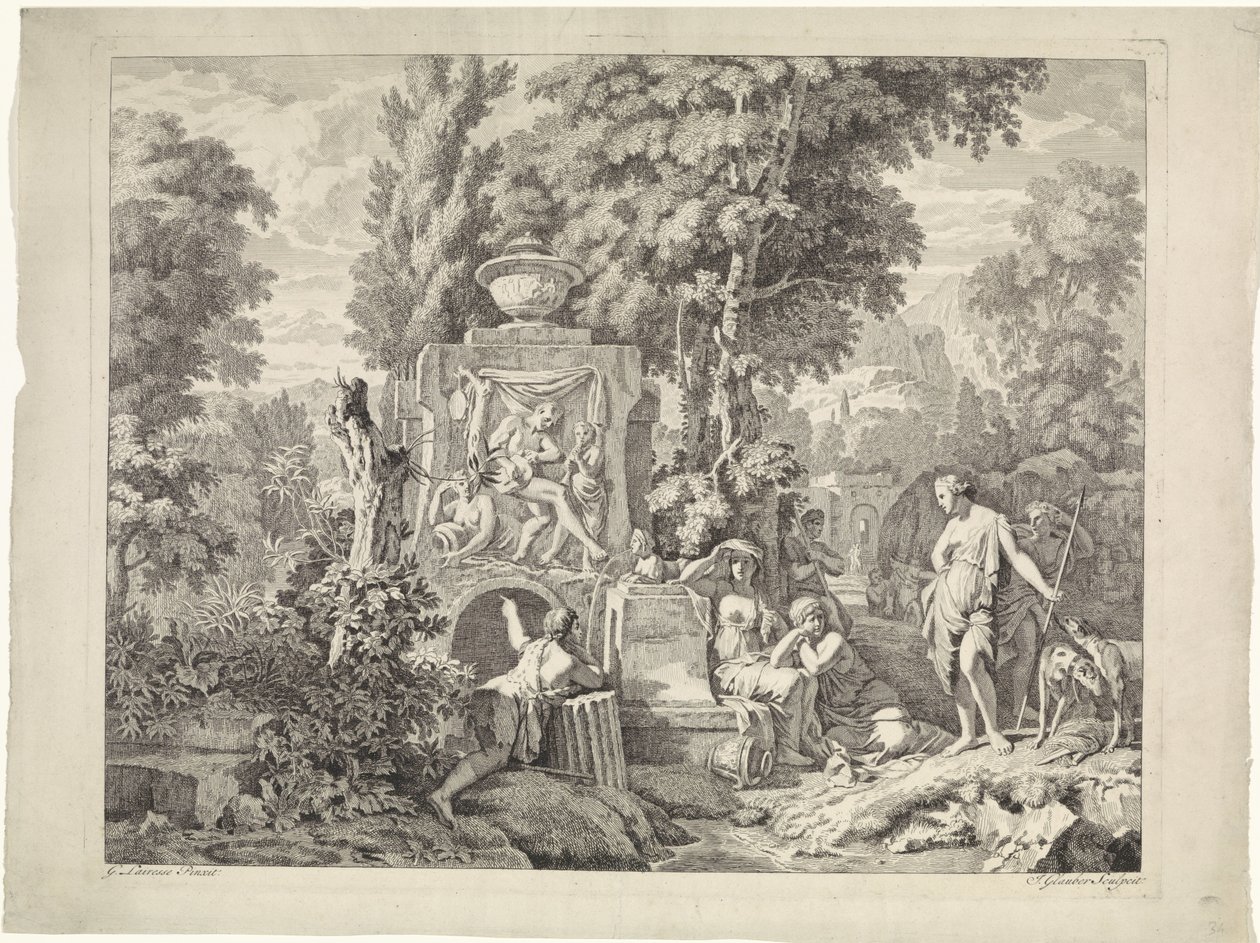Landskap med en fontene og Diana og nymfene hennes Bibelske, mytologiske og allegoriske representasjoner (serietittel) av Johannes Glauber