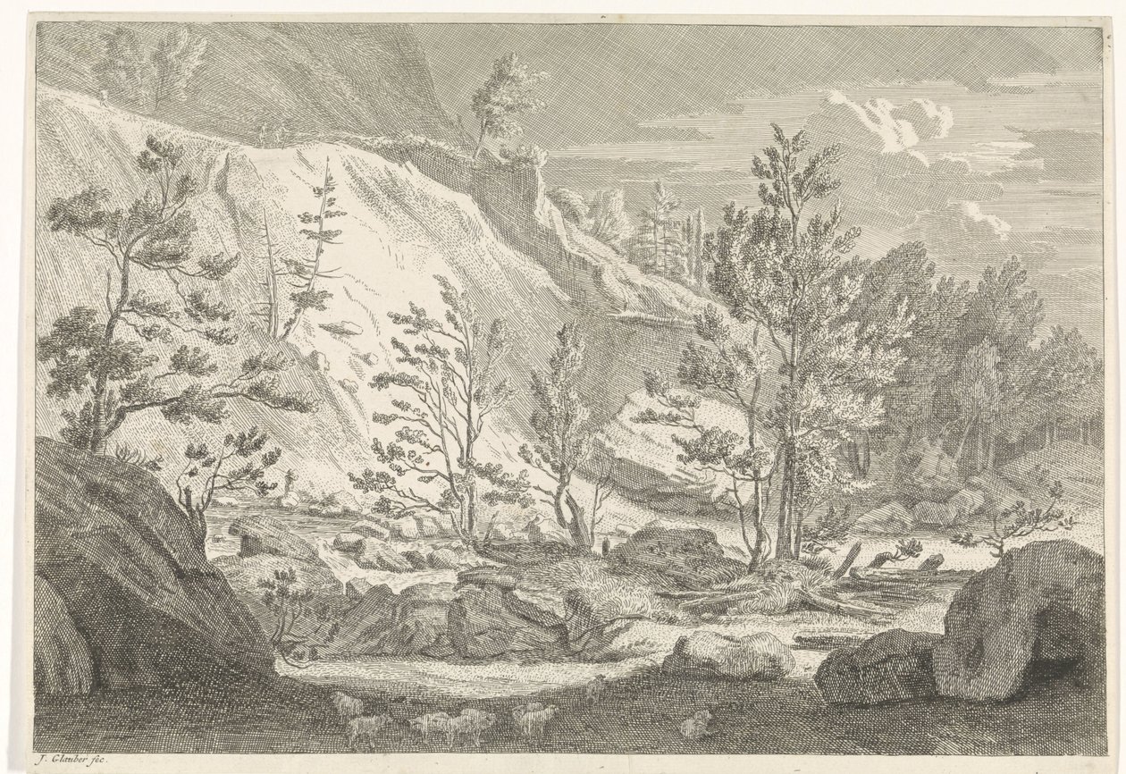 Ravine med en flokk sauer Landskap i Chartreuzer-fjellene (serietittel) av Johannes Glauber