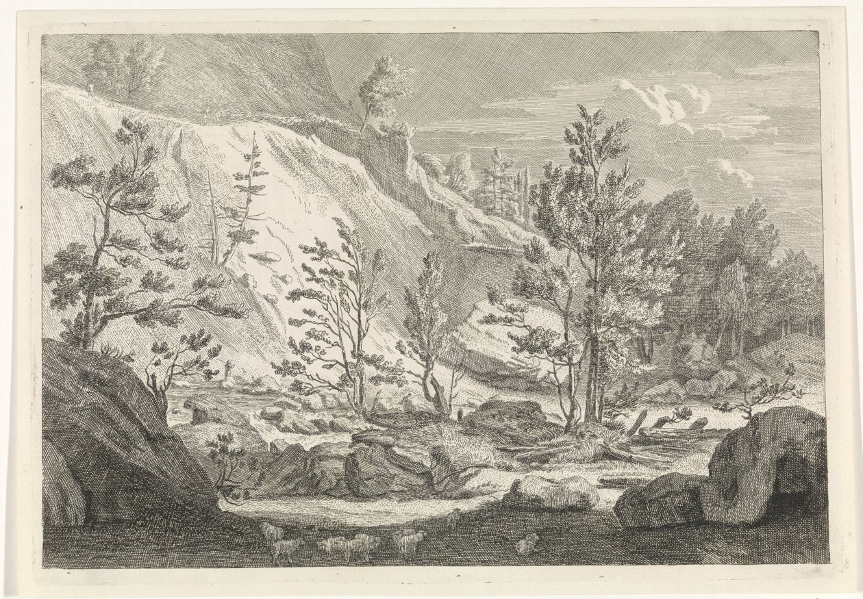 Ravine med en flokk sauer Landskap i Chartreuzer-fjellene (serietittel) av Johannes Glauber