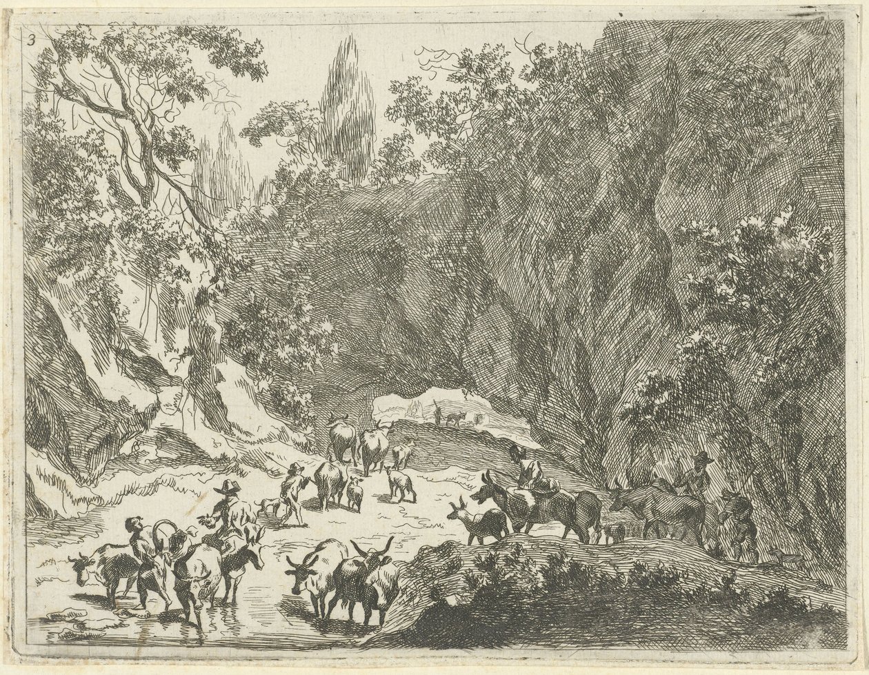 Fjelllandskap med gjetere og storfe Landskap med hyrder og storfe (serietittel) av Johannes Gronsveld