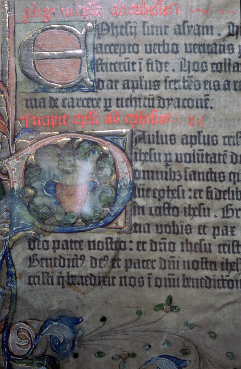 Detalj fra Gutenberg-bibelen fra det femtende århundre, av åpningen av Efeserne av Johannes Gutenburg