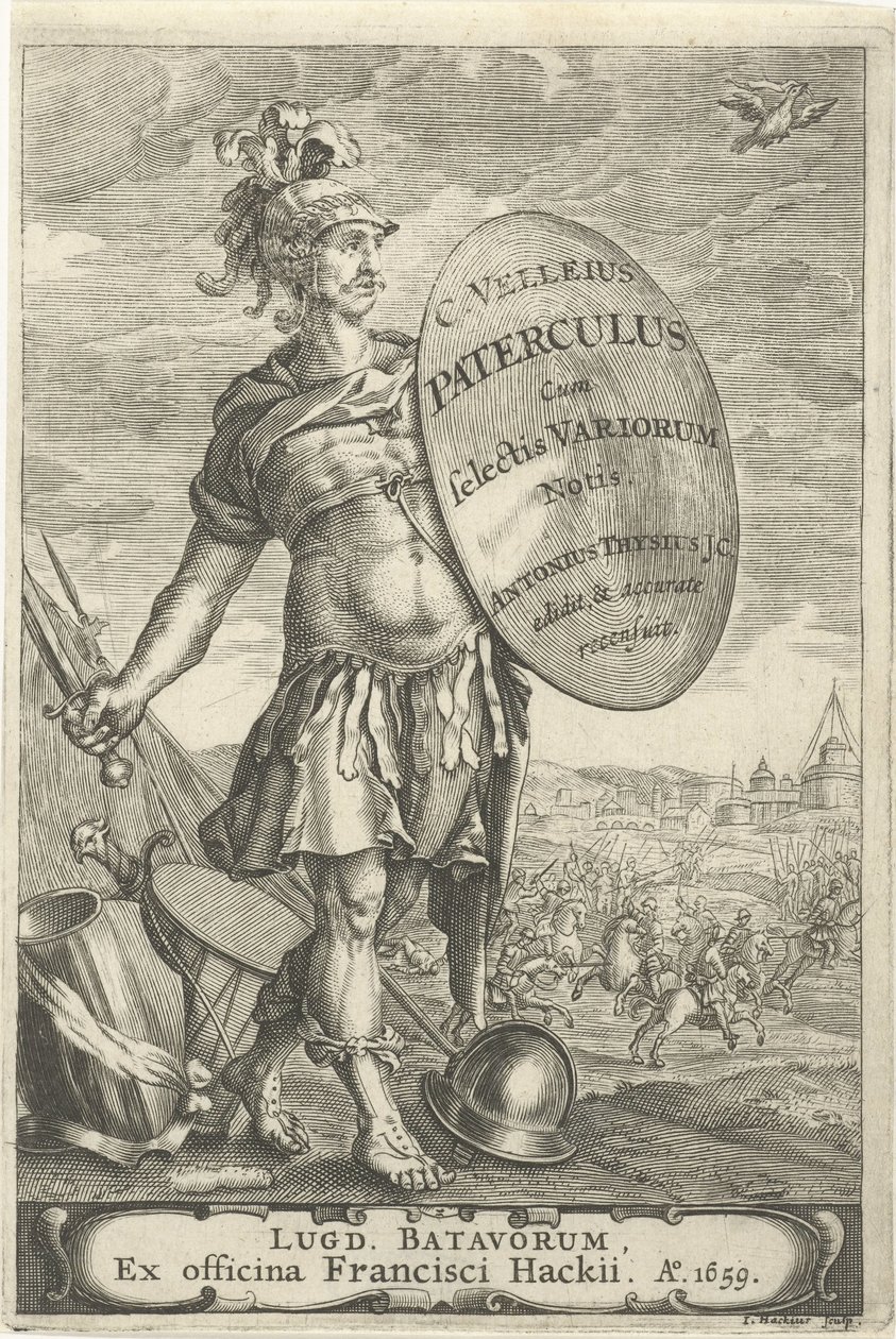 Romeinse krijgsman voor een slagveld Tittelside for Caius Velleius Paterculus cum Selectis Variorum Notis, 1659 av Johannes Hackius