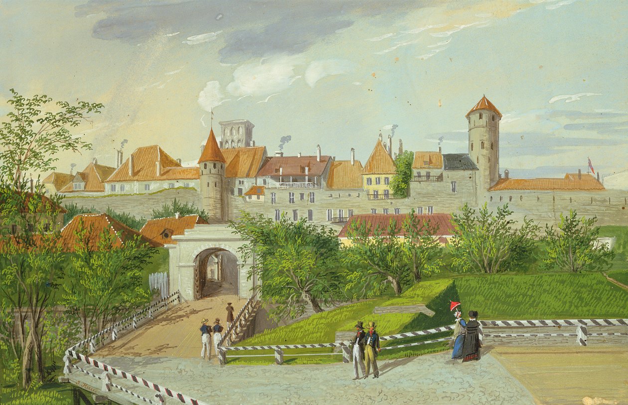 Utsikt over den lille kystporten med Hattorpe- og Stoltingtårnene, Tallinn, gouache på papp) av Johannes Hau