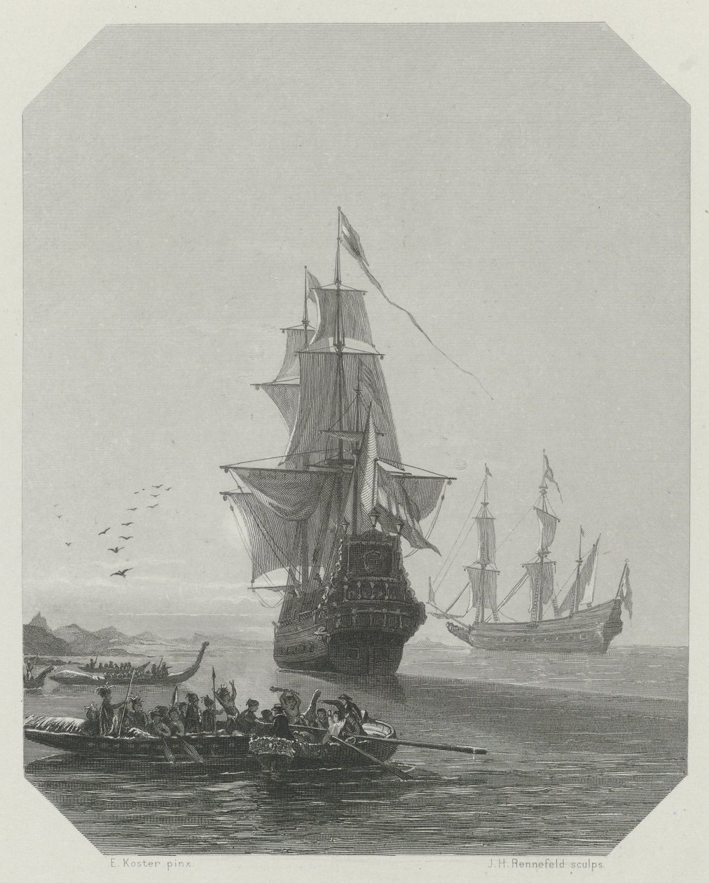 Ankomst av Abel Tasman til New Zealand, 1642-1643, ca 1865 av Johannes Heinrich Maria Hubert Rennefeld