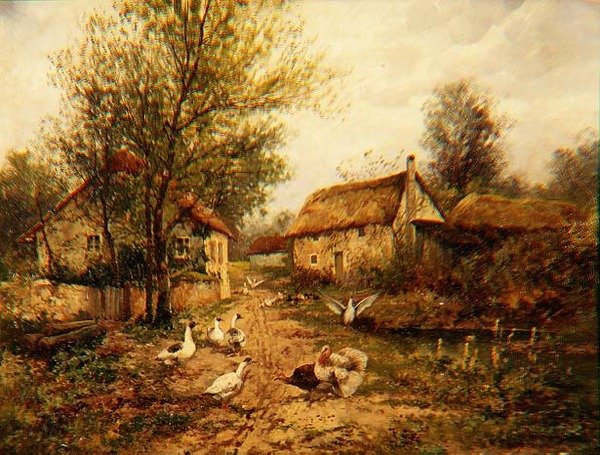 Fjærkre ved en dam i et gårdstun av Johannes Hendrik Weissenbruch