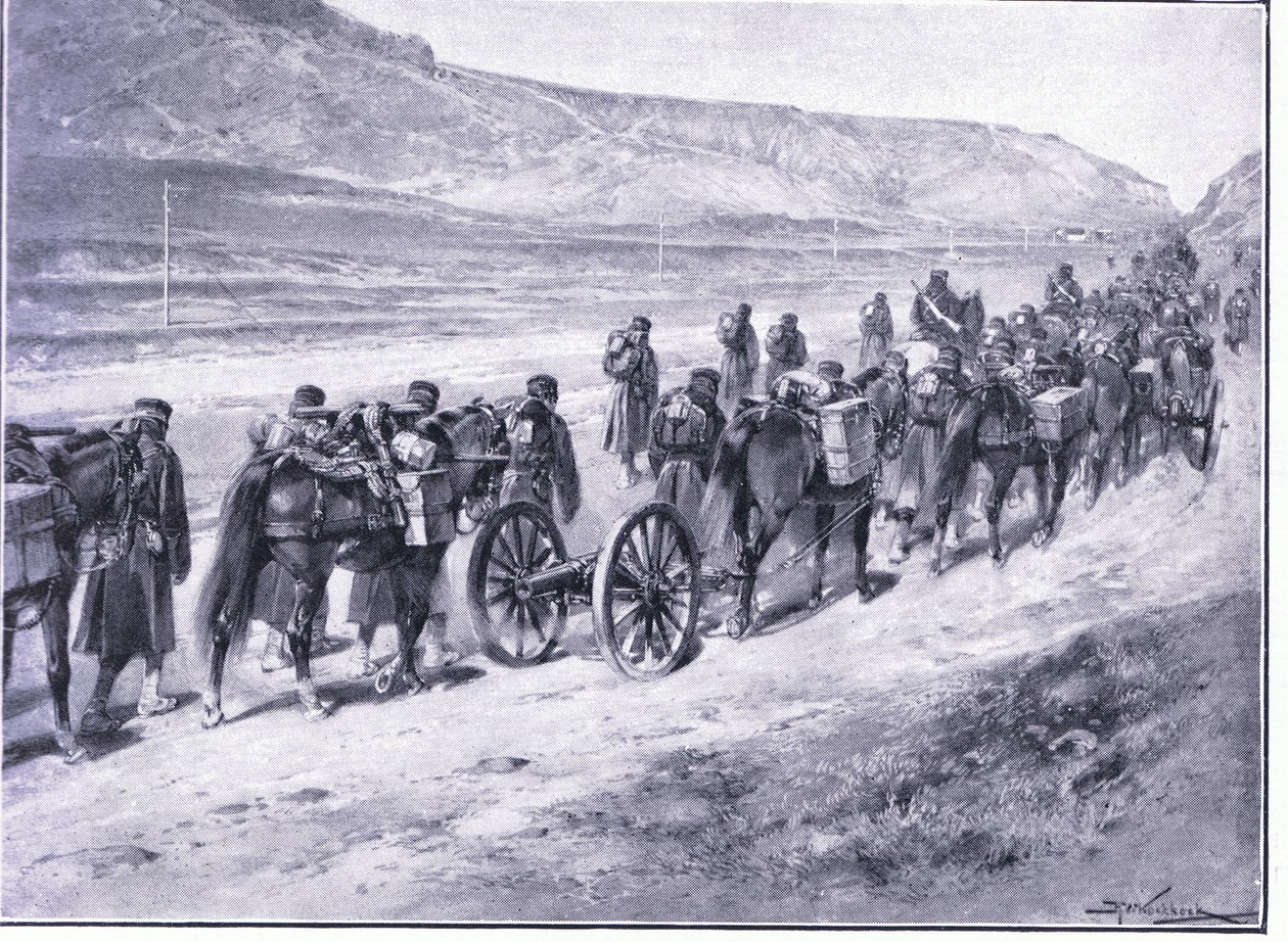 Et batteri med feltkanoner på vei til Ichon, illustrasjon fra Cassells History of the Russo-Japanese War Vol 1, ca. 1900 av Johannes Hermann Barend Koekkoek