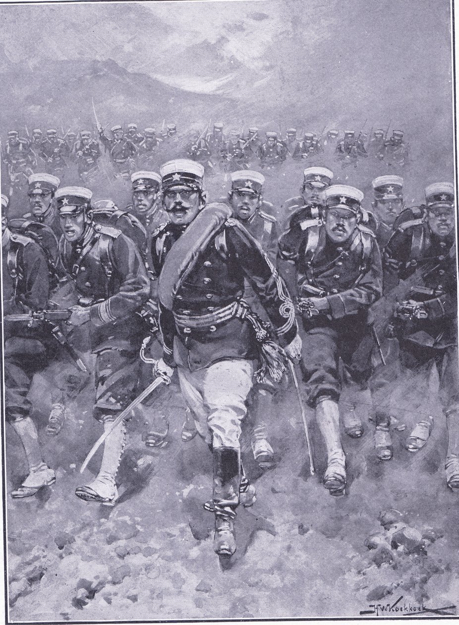 En anklage for det japanske infanteriet, illustrasjon fra Cassells History of the Russo-Japanese War Vol 1, ca. 1900 av Johannes Hermann Barend Koekkoek