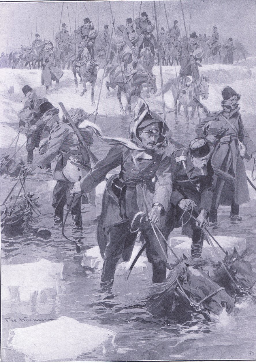 En prestasjon av hestekunst. Russisk kavaleri krysser en elv , illustrasjon fra Cassells History of the Russo-Japanese War Vol 1, ca. 1900 av Johannes Hermann Barend Koekkoek