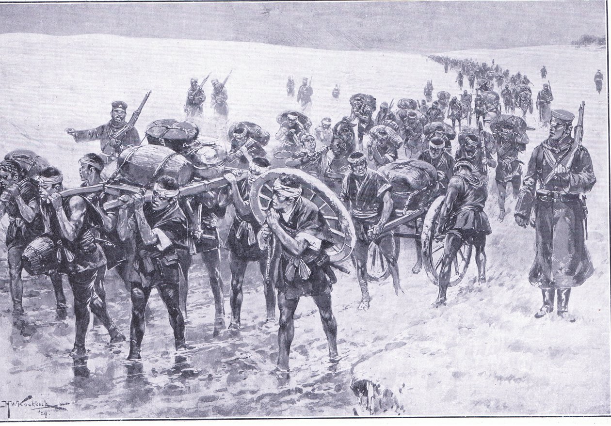 Japansk på marsj. Menn i stedet for flokkponnier, illustrasjon fra Cassells History of the Russo-Japanese War Vol 1, ca. 1900 av Johannes Hermann Barend Koekkoek