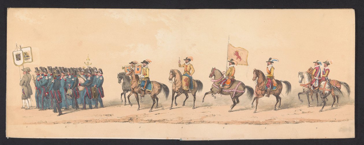 Historisk prosesjon av studenter ved Groningen University of Applied Sciences, 1850 (plate 1) Utkledd representasjon av inngangen til Maurits, Prins av Orange, greve av Nassau, etc. og Willem Lodewijk, greve av Nassau, i Groningen i år 1594, av H.H av Johannes Hermanus van de Weijer