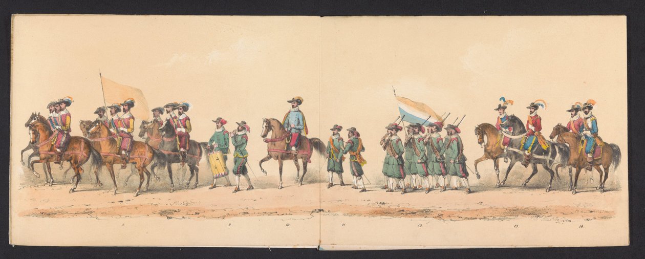 Historisk prosesjon av studenter ved Groningen University of Applied Sciences, 1850 (plate 2) Utkledd representasjon av inngangen til Maurits, Prins av Orange, greve av Nassau, etc. og Willem Lodewijk, greve av Nassau, i Groningen i år 1594, av H.H av Johannes Hermanus van de Weijer