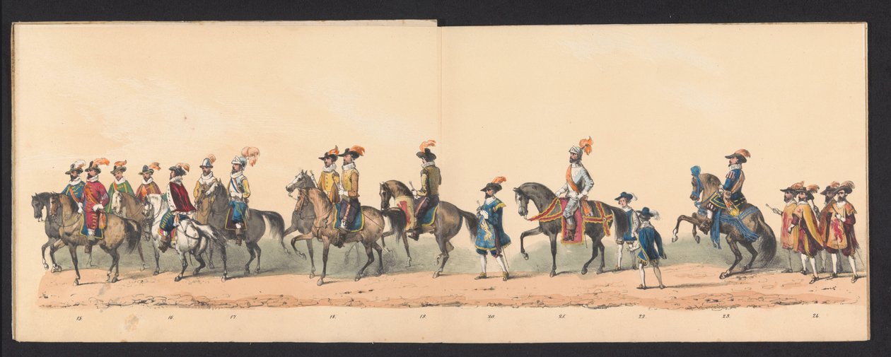 Historisk prosesjon av studenter ved Groningen University of Applied Sciences, 1850 (plate 3) Utkledd representasjon av inngangen til Maurits, Prins av Orange, greve av Nassau, etc. og Willem Lodewijk, greve av Nassau, i Groningen i år 1594, av H.H av Johannes Hermanus van de Weijer