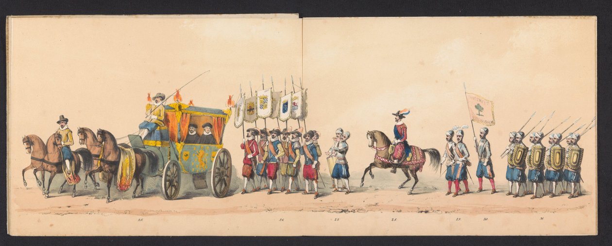 Historisk prosesjon av studenter ved Groningen University of Applied Sciences, 1850 (plate 4) Utkledd representasjon av inngangen til Maurits, Prins av Orange, greve av Nassau, etc. og Willem Lodewijk, greve av Nassau, i Groningen i år 1594, av H.H av Johannes Hermanus van de Weijer