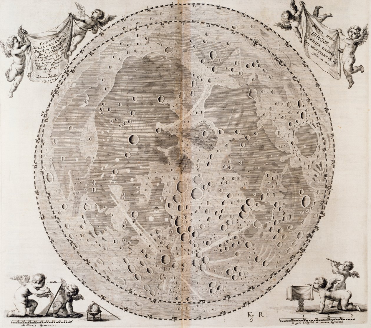 Første detaljerte kart over månen tegnet i 1647 av Johann Hevelius, trykk hentet fra Johann Hevelius (1611-1687) himmelatlas Selenographia sive Lunae descriptio, Gdansk av Johannes Hevelius