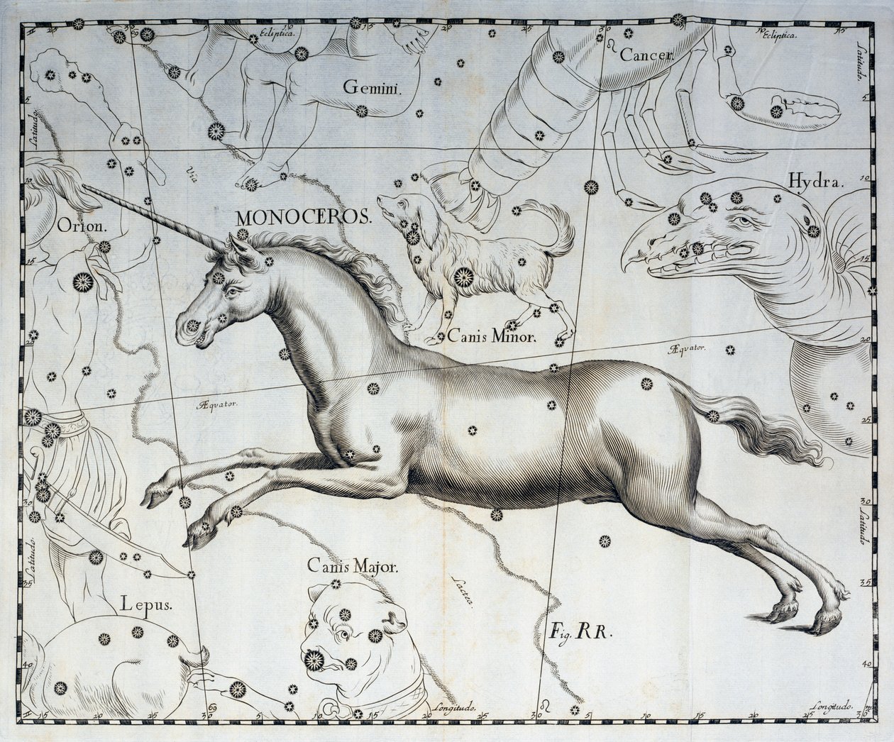Monoceros, konstellasjon av enhjørning, gravering fra himmelatlaset Firmamentum Sobiescianum sive Uronographia, av Johann Hevelius (1611-1687), Gdansk av Johannes Hevelius