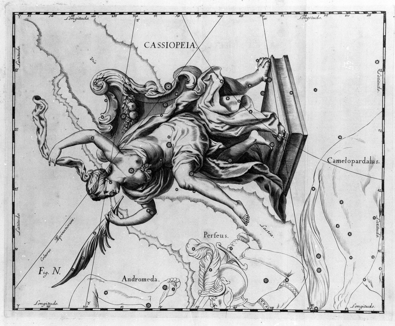 Konstellasjonen Cassiopee: Cassiopee, kone til kongen av Etiopia Cephee, sittende på en stol utsmykket med palmer. Plate tegnet fra "" Firmamentum Sobiescanum sive Uranographia"" av Johannes Hevelius eller Hevel (1611-1687) av Johannes Hevelius