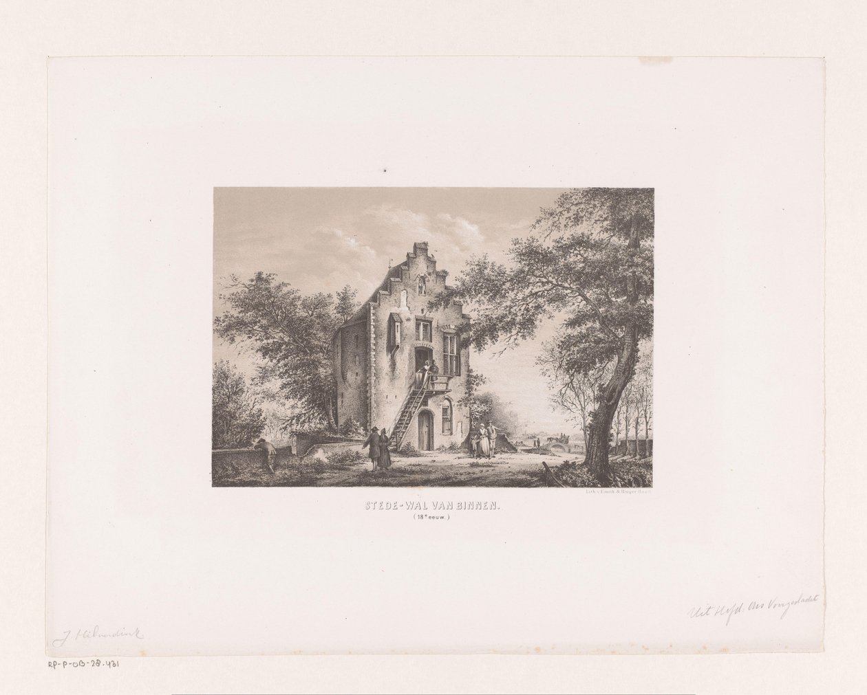 Hus på bymuren Stede-vegg fra innsiden av 1700-tallet (tittel på objekt) av Johannes Hilverdink (attributed to)