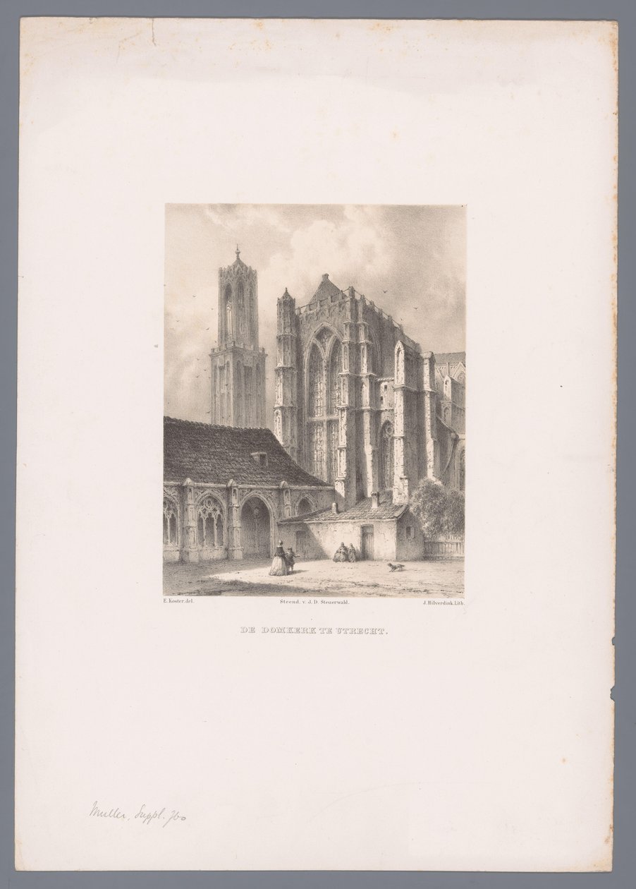 Utsikt over Dom-kirken og Dom-tårnet i Utrecht Domkirken i Utrecht (tittel på objekt) Nederlandsk by- og havneutsikt etter tegninger av Everhardus Koster (serietittel) E. Kosters skissebok: Dutch City and Harbour Views (serietittel) av Johannes Hilverdink