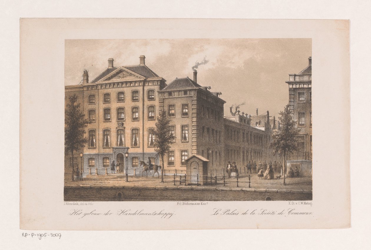 Hovedkvarteret til Handel-Maatschappij i Amsterdam Bygningen til handelsselskapet (tittel på objekt) av Johannes Hilverdink