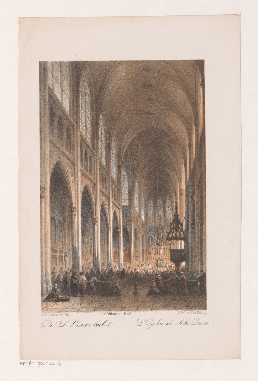 Interiør i Onze Lieve Vrouwe-kirken i Amsterdam Vår Frue kirke (tittel på objekt) av Johannes Hilverdink