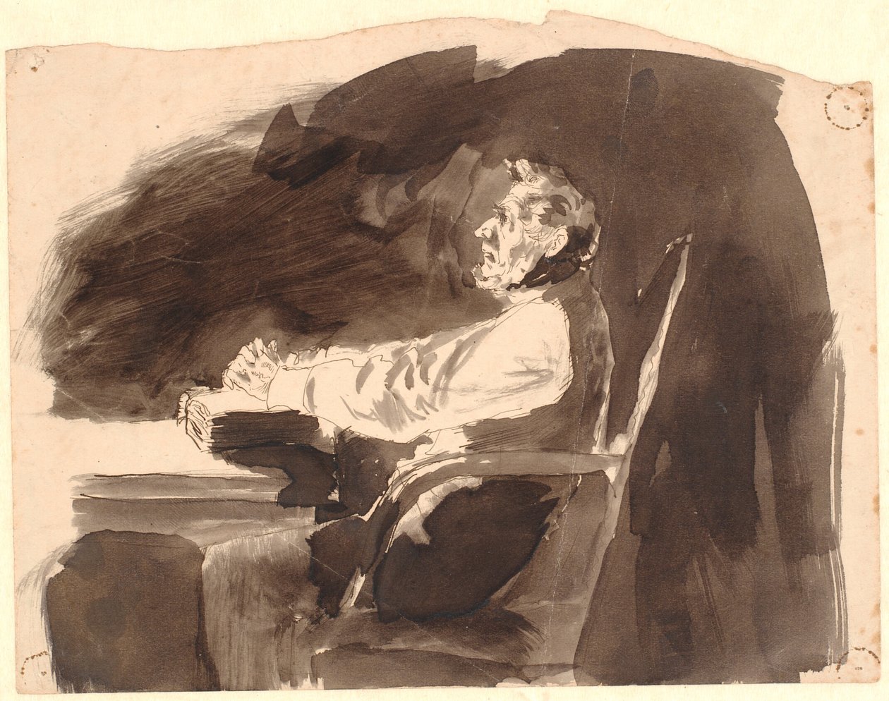 Gammel mann ved et bord med en bibel av Johannes Holbek