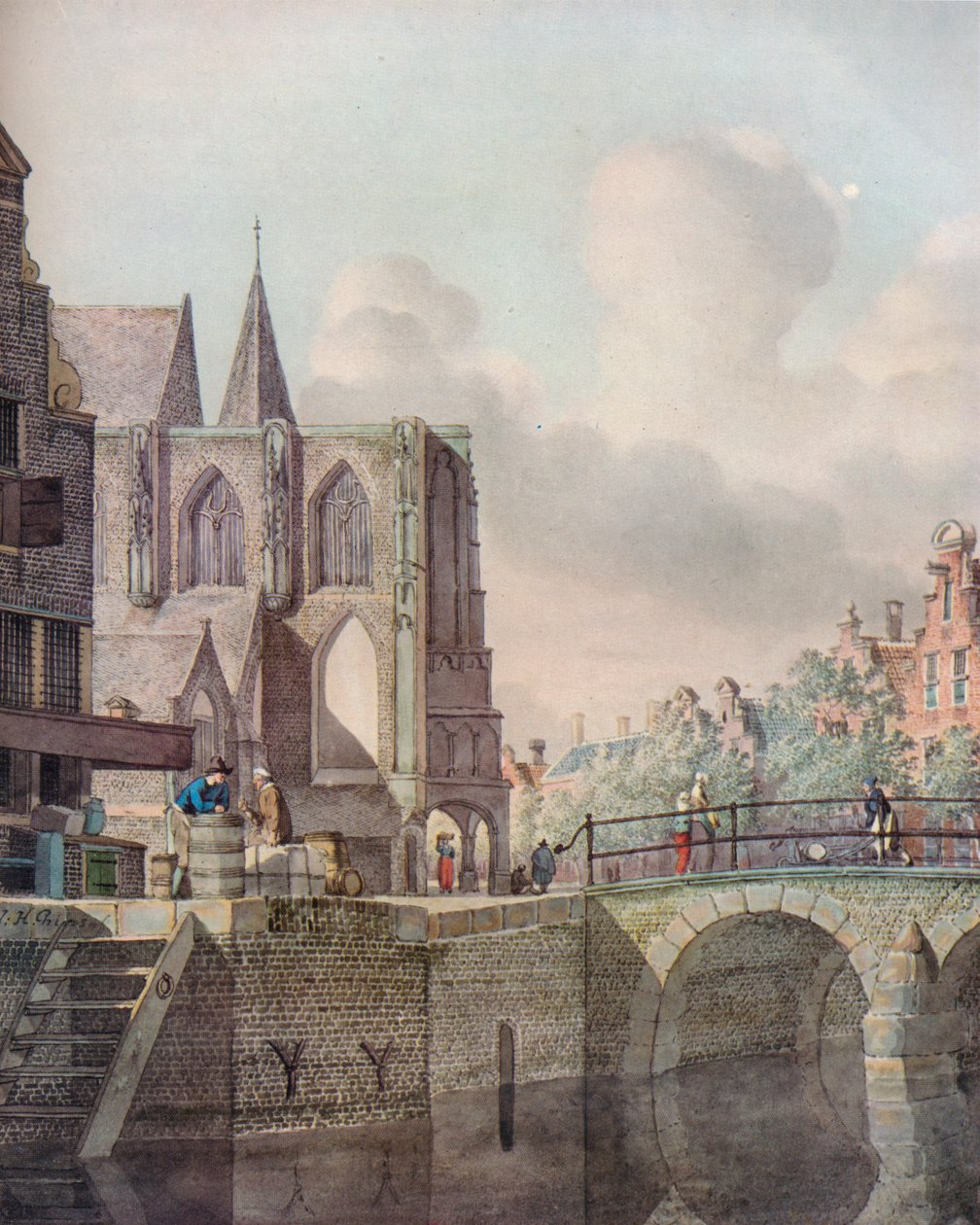 Kontinental elvescene med bro og kirke, 1700-tallet av Johannes Huibert Prins