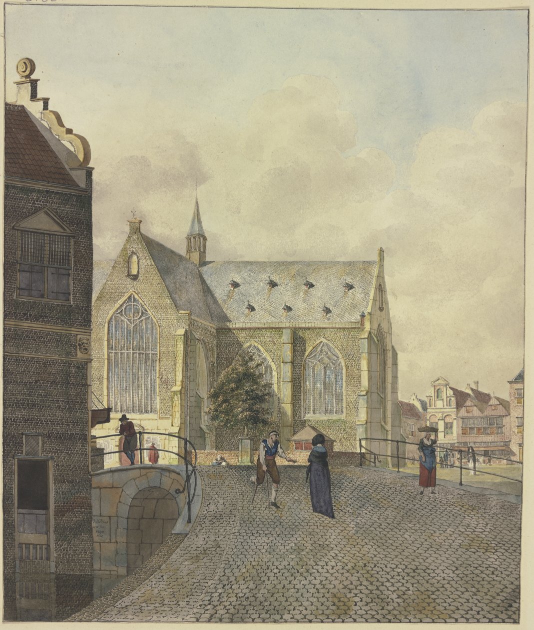 Kirke ved en bro, en halt tigger hos en dame av Johannes Huibert Prins