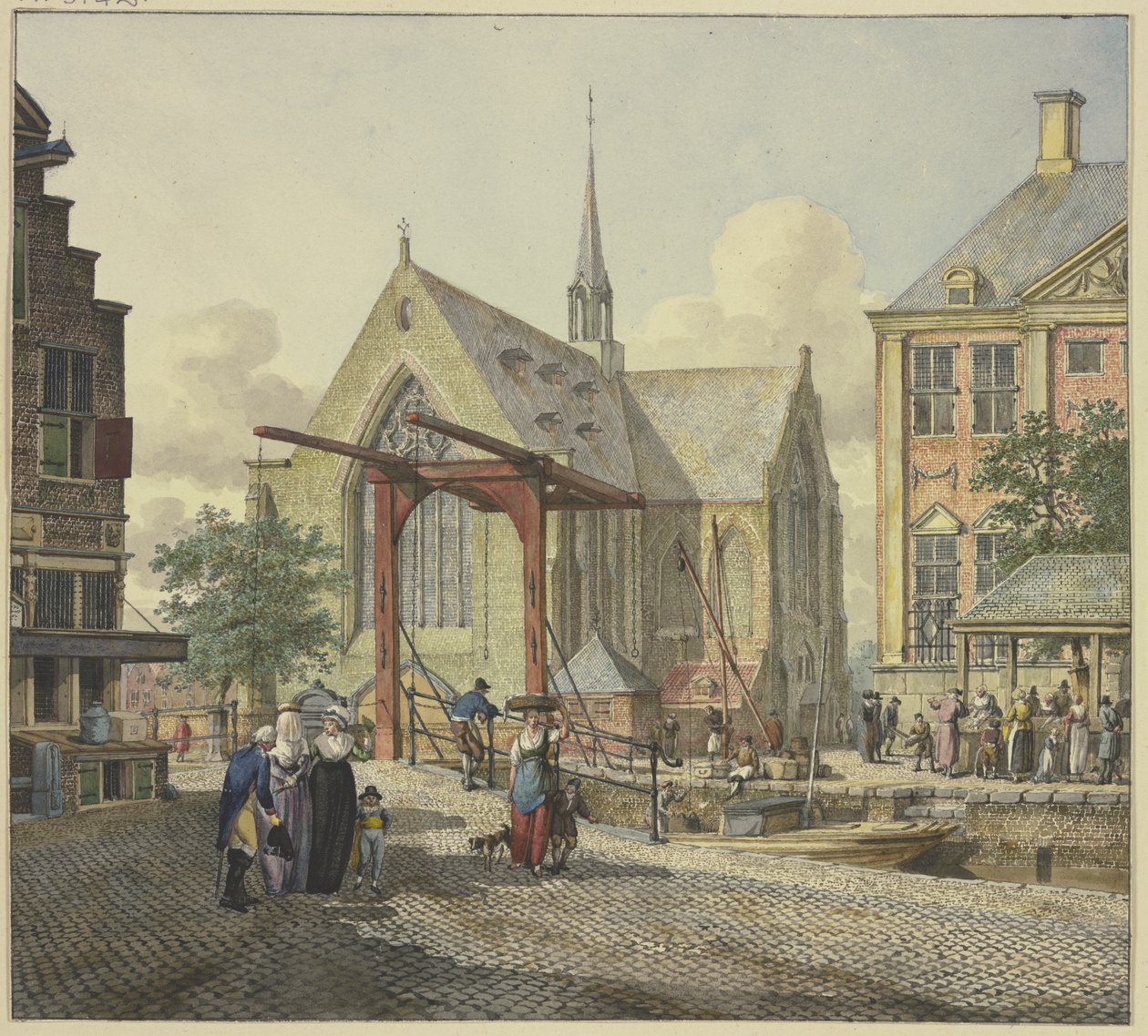 Sluseport ved en kirke, til venstre en tilslørt dame, en offiser og en dame med en gutt av Johannes Huibert Prins