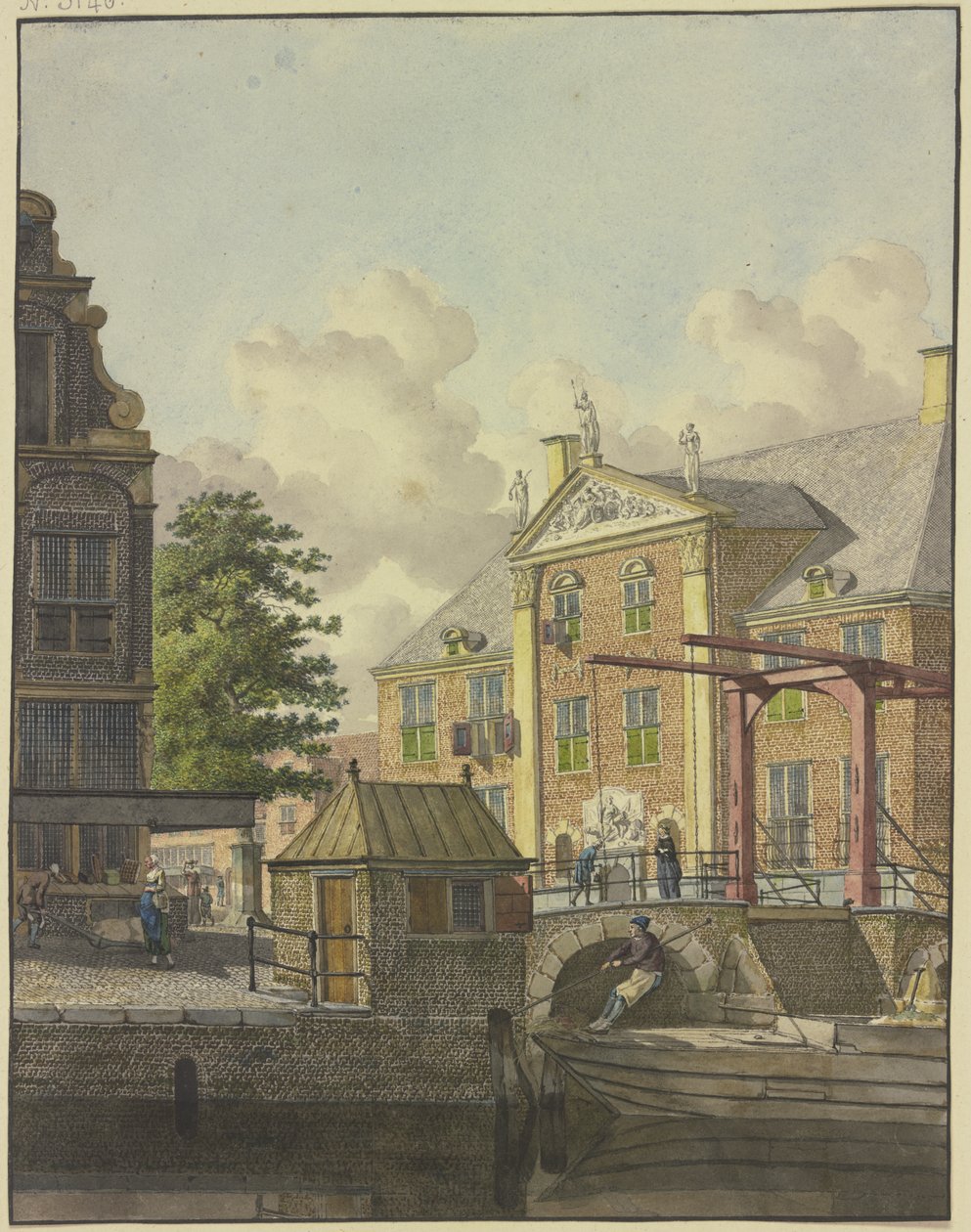 Sluseport foran et palass med et basrelieff av Johannes Huibert Prins