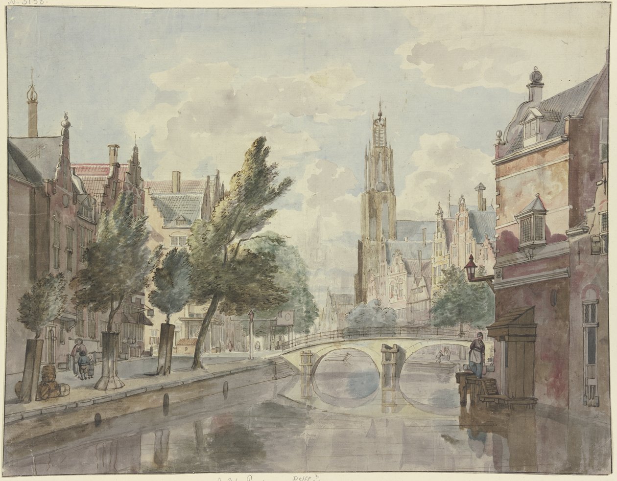 Steinbro over en kanal, i bakgrunnen en katedral, til høyre en lykt på huset av Johannes Huibert Prins
