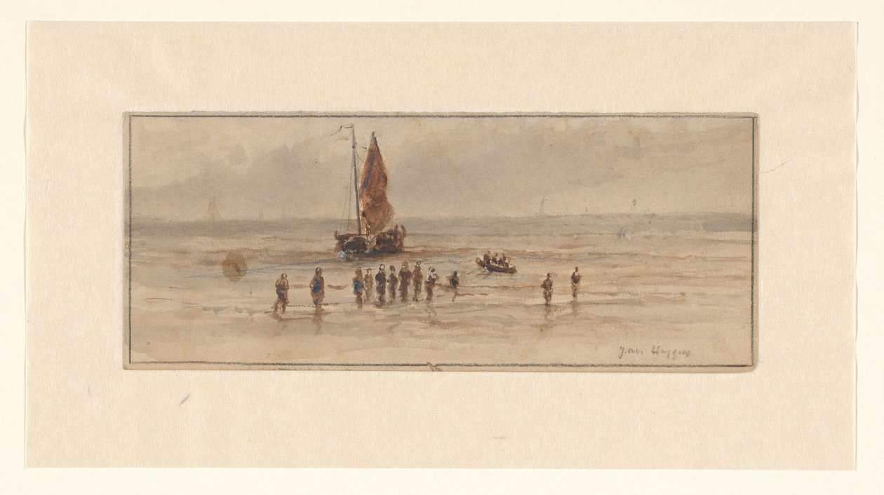 Strandscene med fiskere og seilskute av Johannes Huygens (signed by artist)