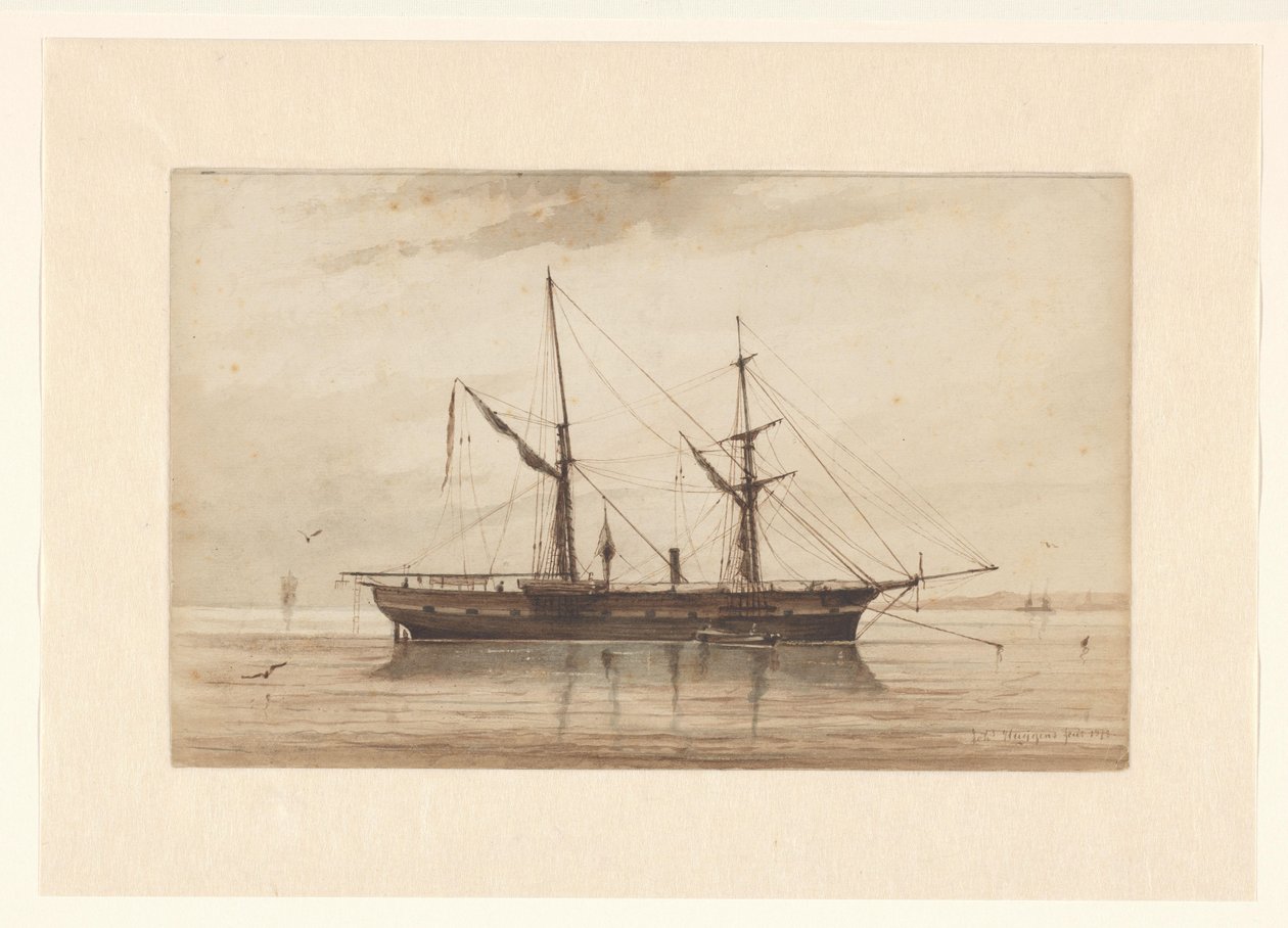Seilfartøy for anker i stille farvann av Johannes Huygens (signed by artist)