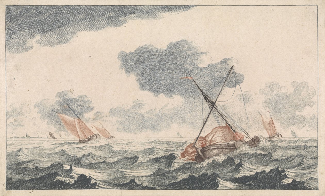 Stryking av seilet Skip til sjøs (serie A) (serietittel) av Johannes Jacobsz van den Aveele (attributed to)