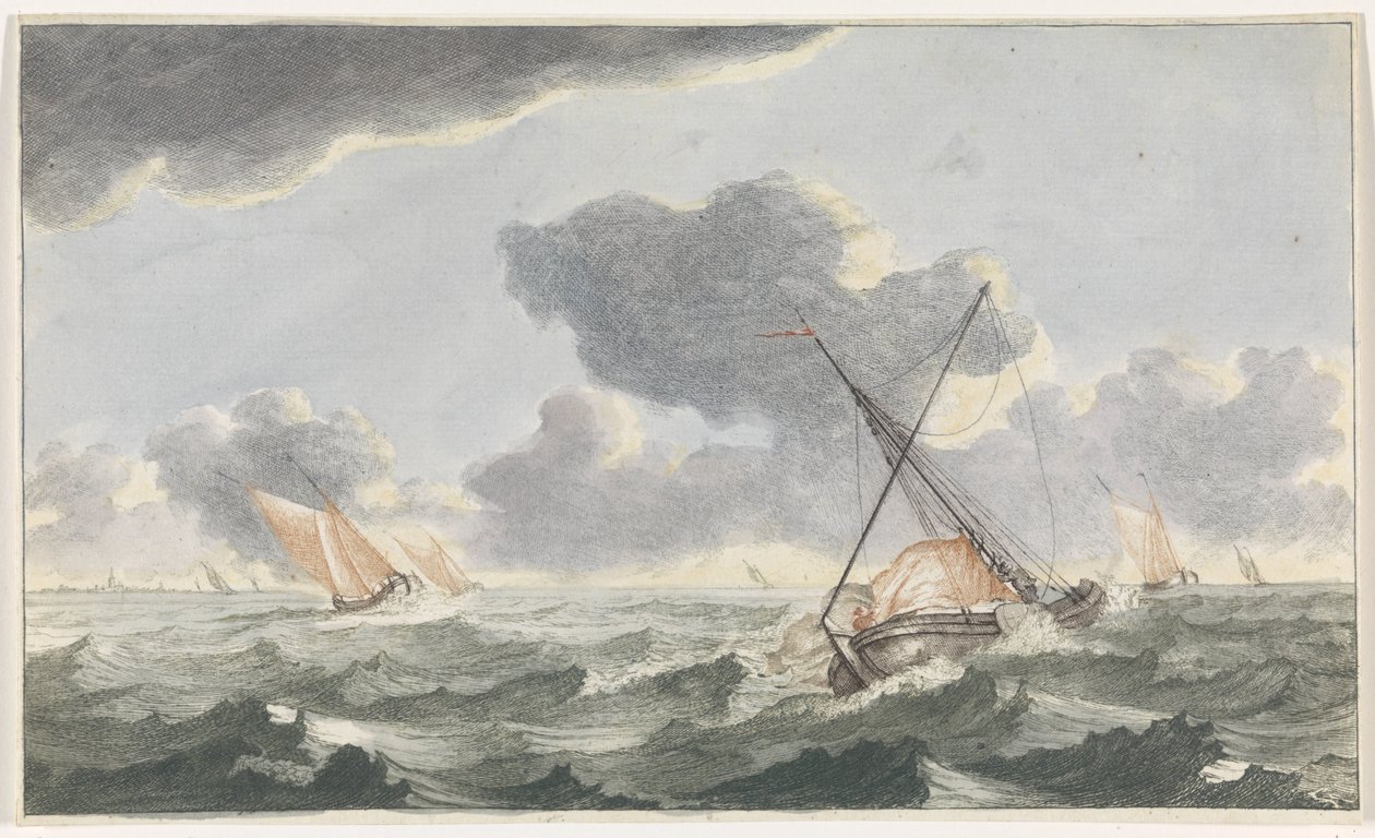 Stryking av seilet Skip til sjøs (serie A) (serietittel) av Johannes Jacobsz van den Aveele (attributed to)