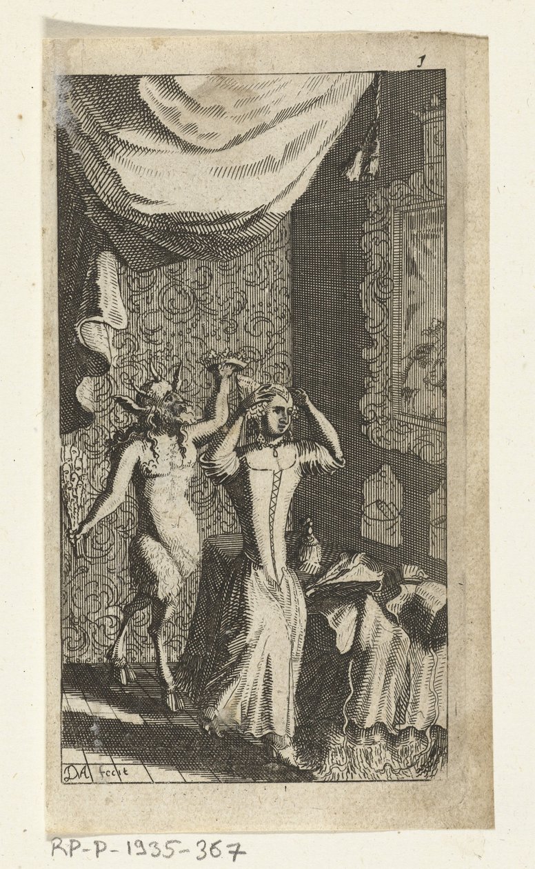 Den stolte djevelen Bokillustrasjon for Simon de Vries, Seven Duyvelen som styrer og tjener Hedendaeghsche Dienstmaegden, Amsterdam, 1682 av Johannes Jacobsz van den Aveele