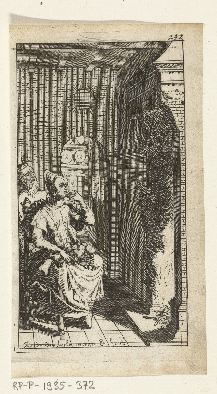 Den fine djevelen Bokillustrasjon for Simon de Vries, Seven Duyvelen som styrer og tjener Hedendaeghsche Dienstmaegden, Amsterdam, 1682 av Johannes Jacobsz van den Aveele