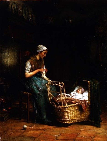 Mor og barn i et hytteinteriør (se også 18091) av Johannes Jacobus Paling