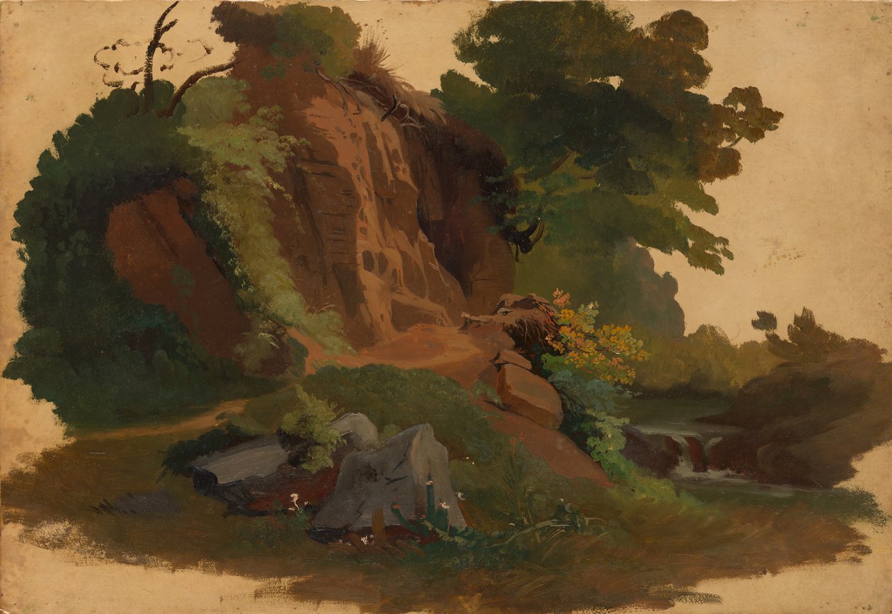 Steinete utspring ved en bekk i den romerske Campagna, ca. 1835-40. av Johannes Jakob Frey