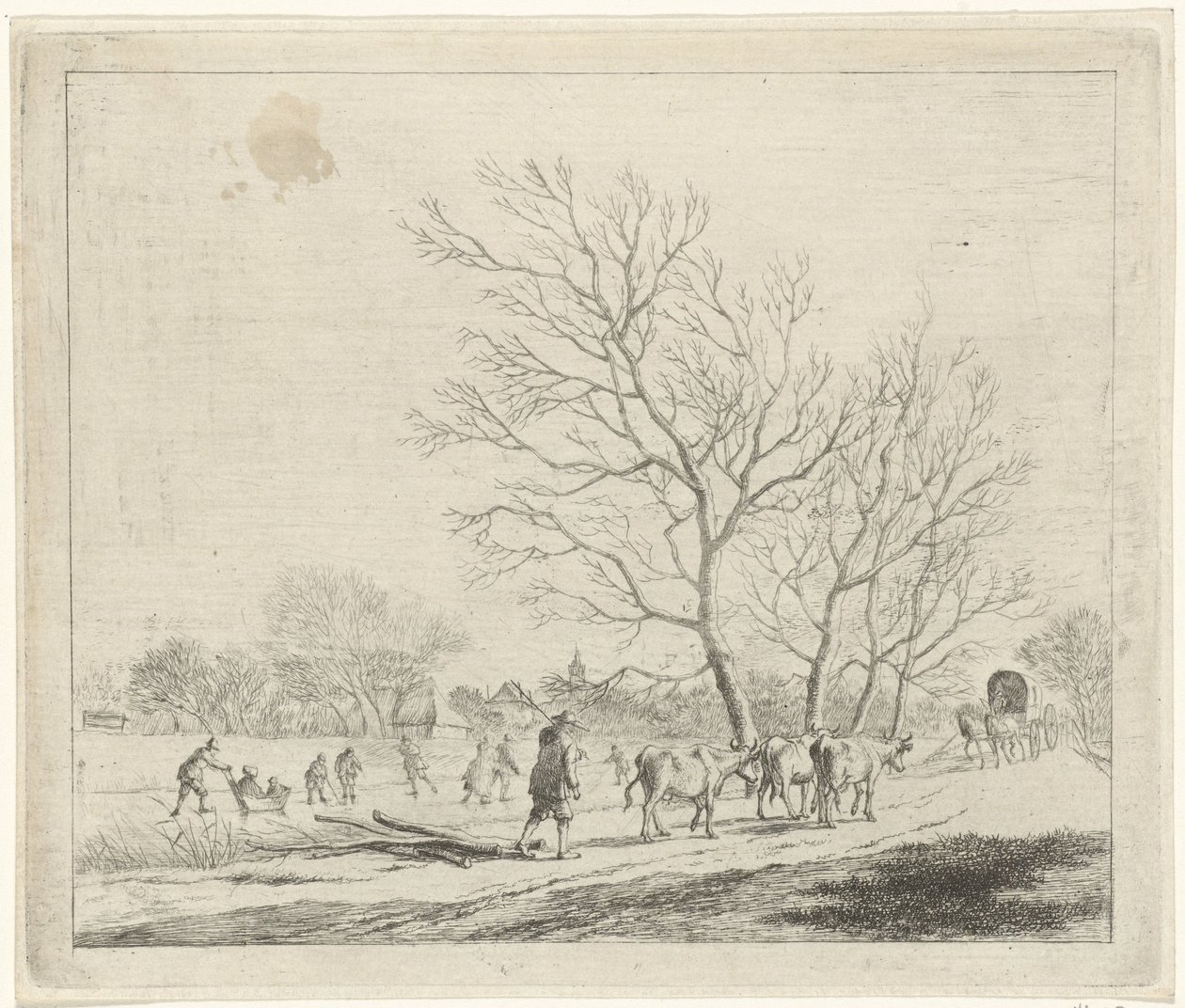 Vinterlandskap med kuer og skatere desember De tolv månedene (serietittel) De fargede tegningene til de 12 måneder (...) (serietittel) av Johannes Janson