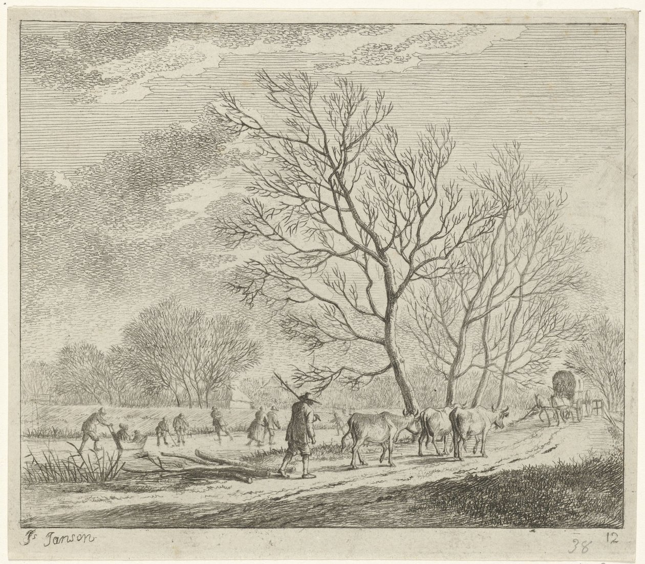 Vinterlandskap med kuer og skatere desember De tolv månedene (serietittel) De fargede tegningene til 12 måneder (...) (serietittel) av Johannes Janson