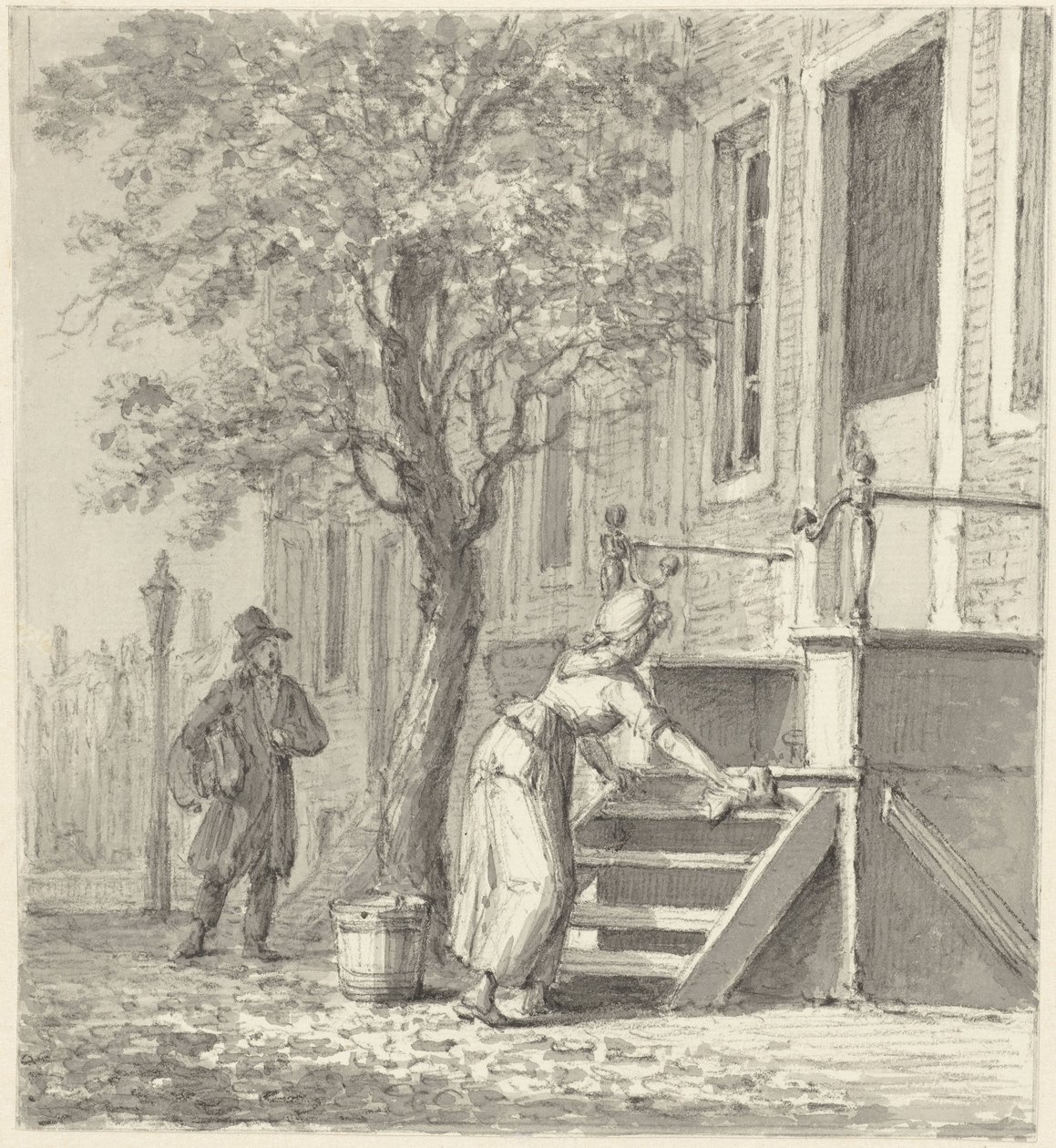 En hushjelp som vasker en trapp foran et hus av Johannes Jelgerhuis