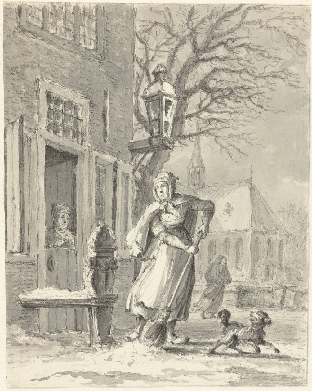 En hushjelp rydder snø til et hus av Johannes Jelgerhuis