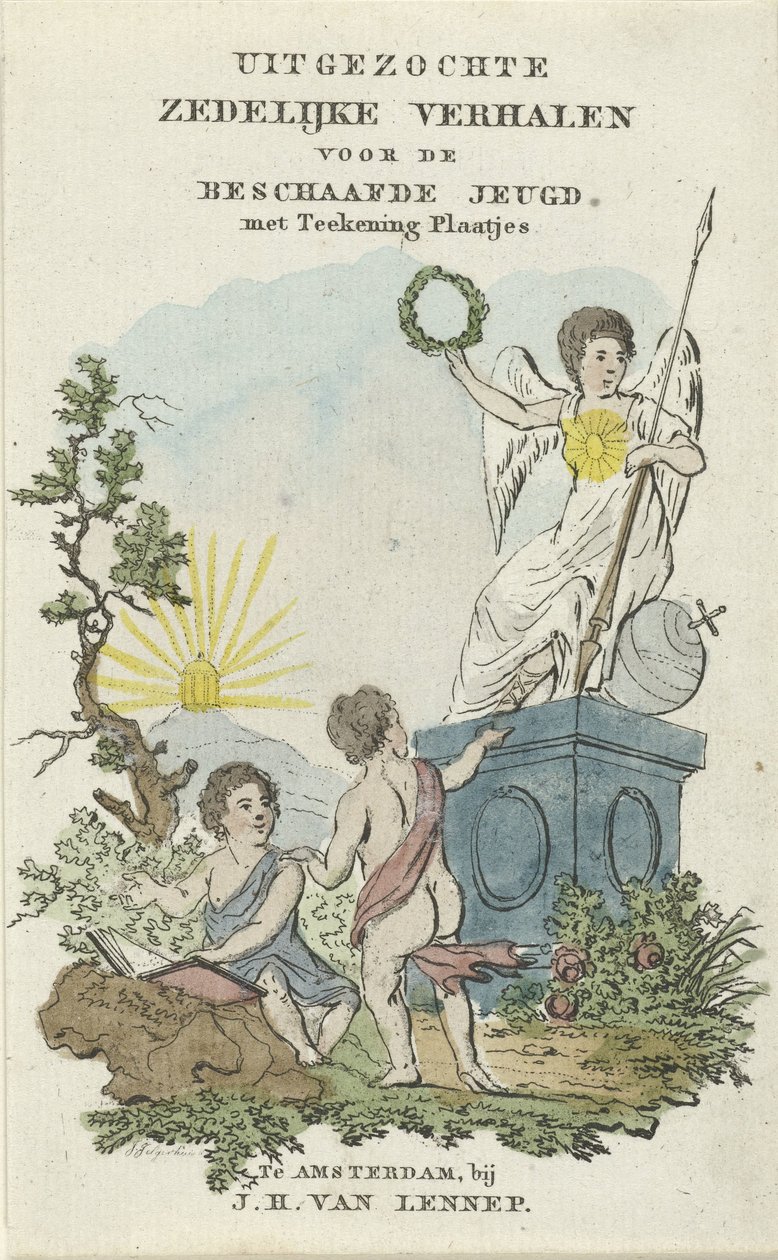 Landskap med to barn Tittelside for: Utvalgte moralske fortellinger for sivilisert ungdom, 1828 av Johannes Jelgerhuis