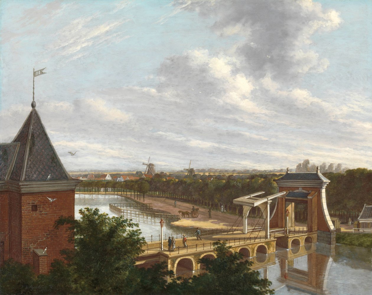 Amsterdams ytre kanal nær Leidsepoort sett fra teatret The Outer Moat of Amsterdam, med Leidse Poort, sett fra Town Theatre av Johannes Jelgerhuis