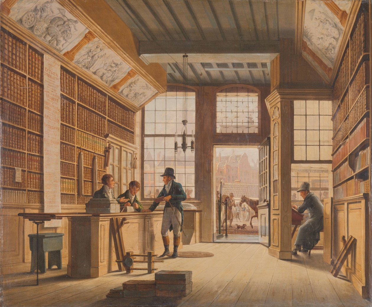 Butikken til bokhandleren Pieter Meijer Warnars på Vijgendam i Amsterdam Bokhandelen til Pieter Meijer Warnars (1792-1869) på Vijgendam, Amsterdam av Johannes Jelgerhuis